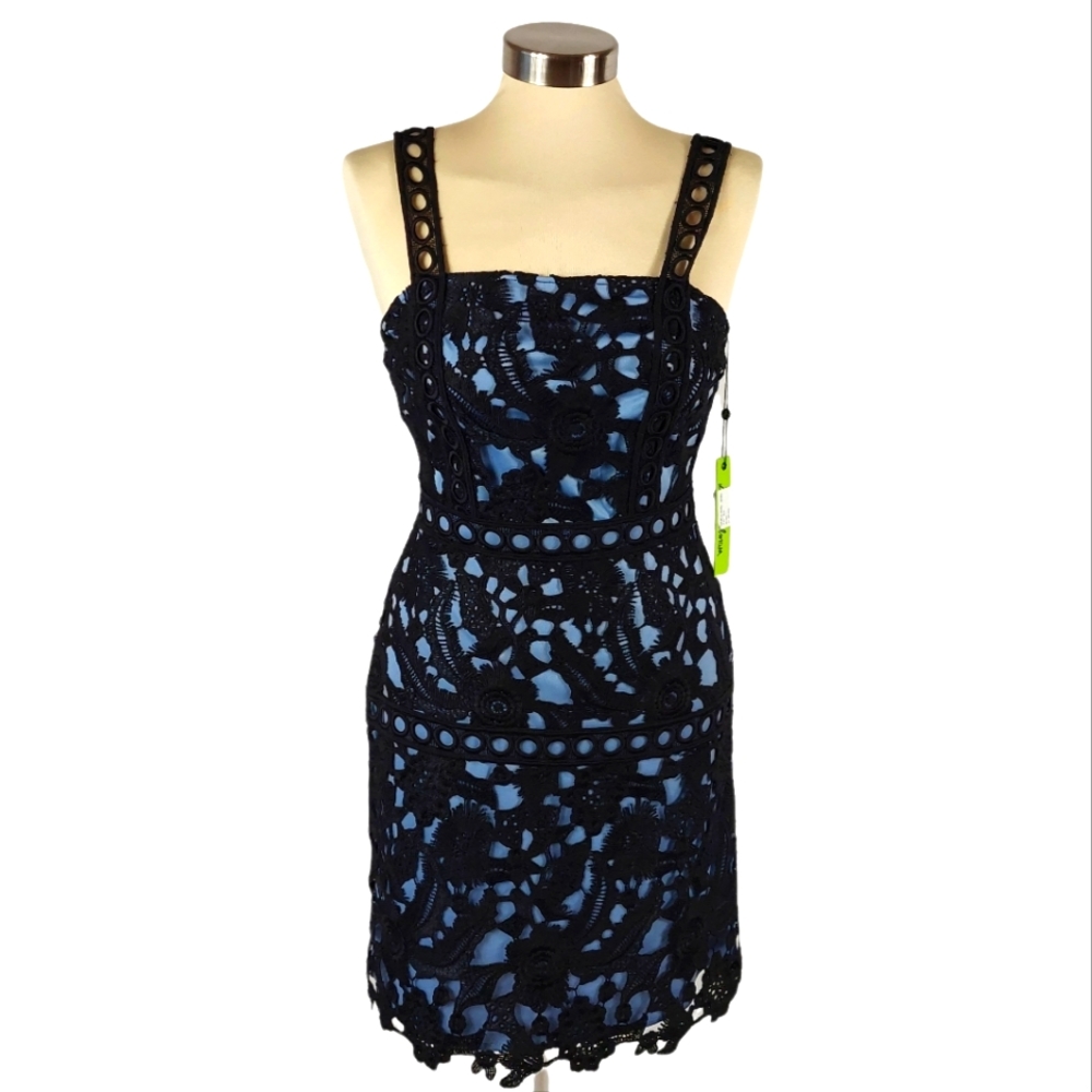 Sam Edelman Black-Blue Crochet Floral Shift Dress